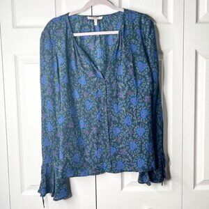 Derek Lam 10 Crosby Black Blue Printed Bell Cuff Silk Blouse Women's Size 14